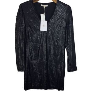 Wayf Full Sequin V-neck Long Sleeve Cocktail Shift Dress Black Size Small NWT